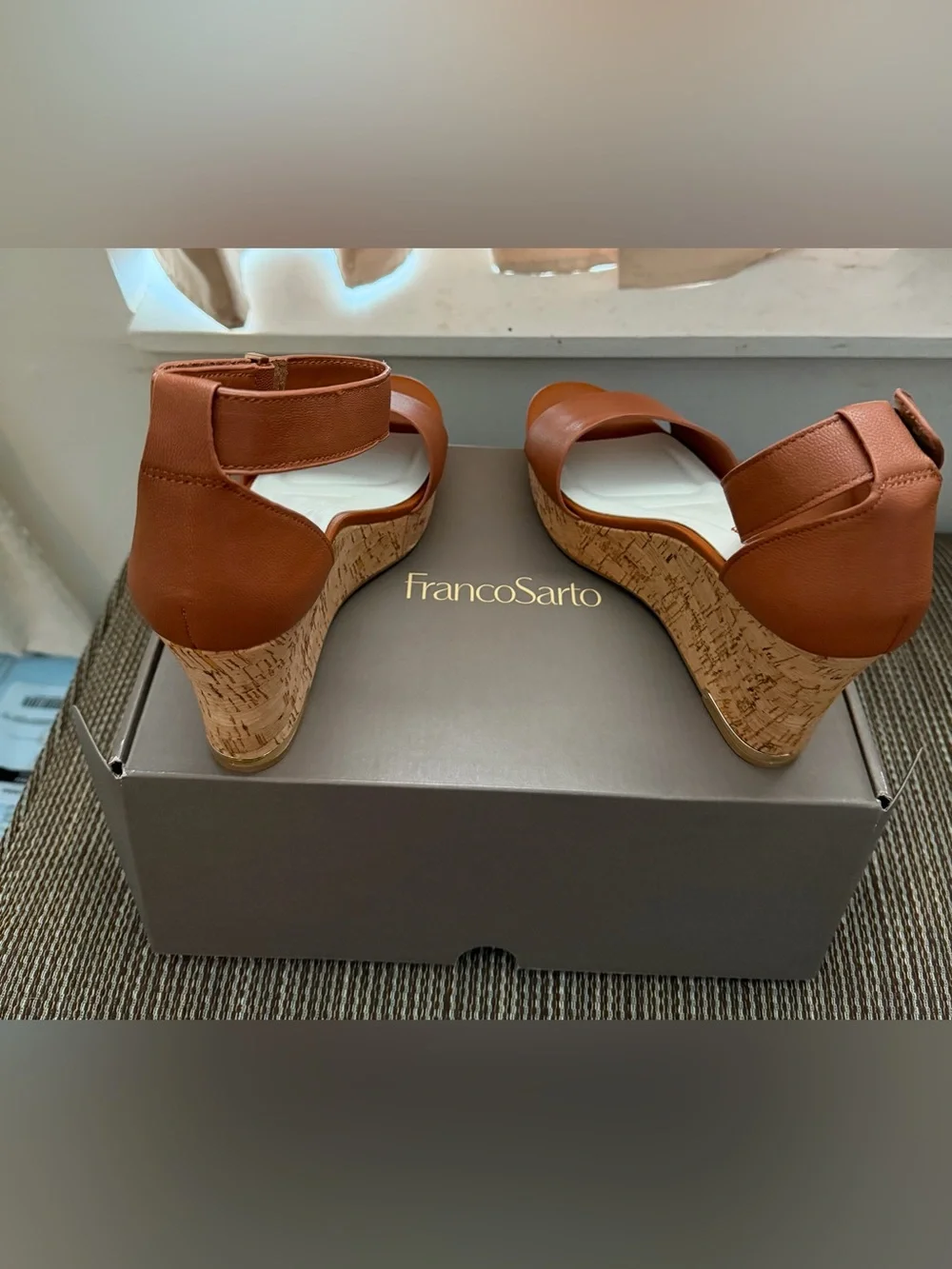 Franco Sarto Cognac Tan Cork Ankle-Strap Wedge Sandals